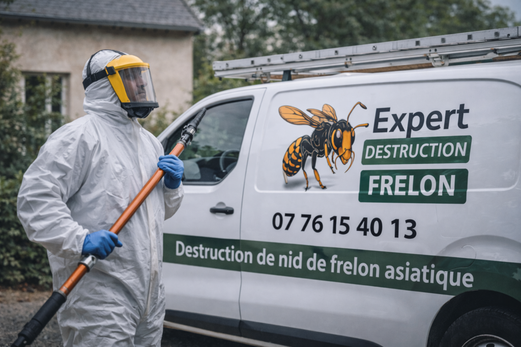 Technicien Expert Destruction Frelon avec véhicule intervention destruction nid frelon asiatique