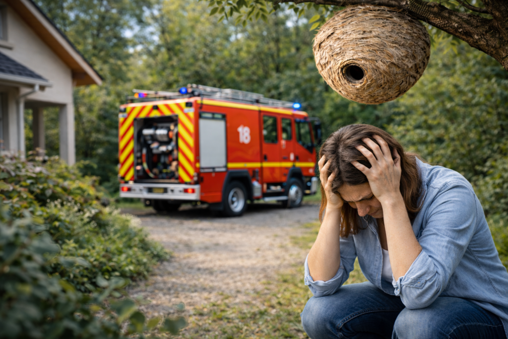 nid de frelon asiatique arbre au dessus de femme camion de pompier maison
