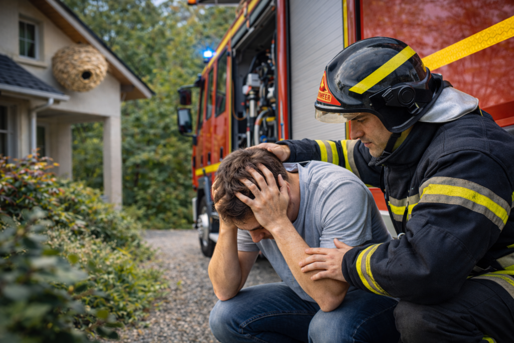 nid frelon asiatique maison pompier tien homme camion pompier