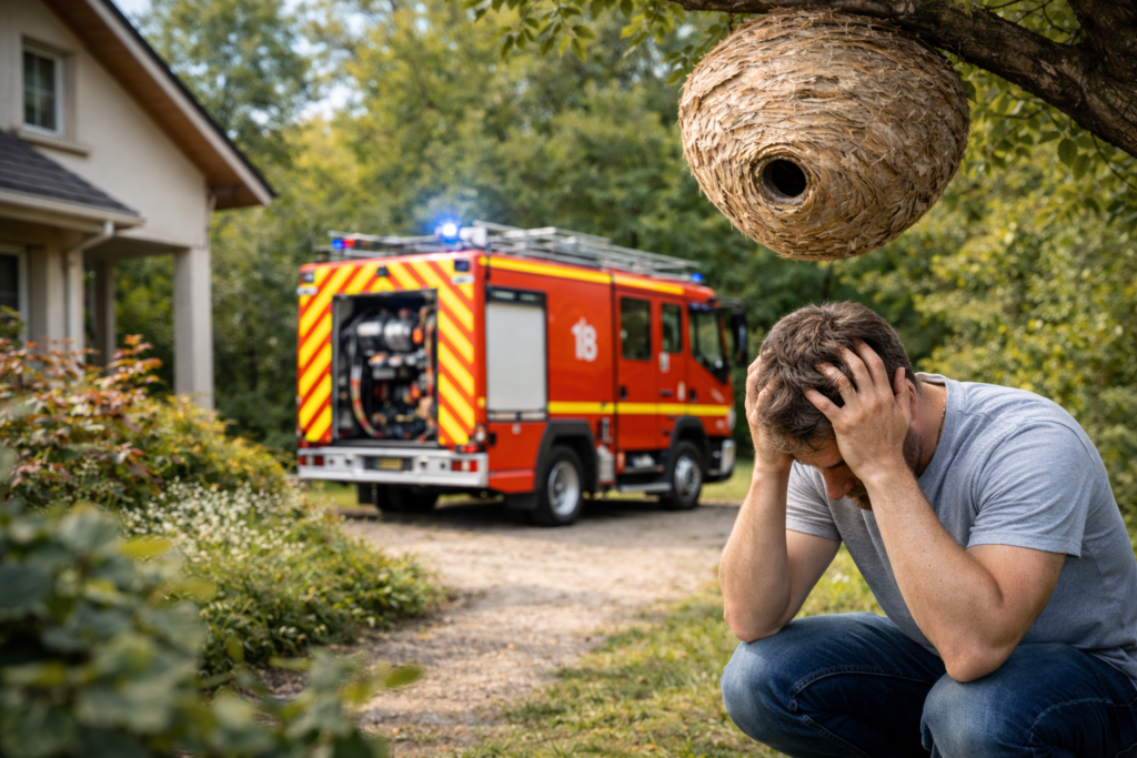 nid frelon asiatique arbre au dessus homme tien sa tète dans les main camion pompier près de maison