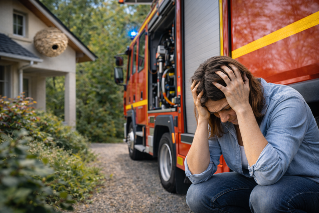 nid frelon asiatique maison femme se tien la tête assise devant camion de pompier