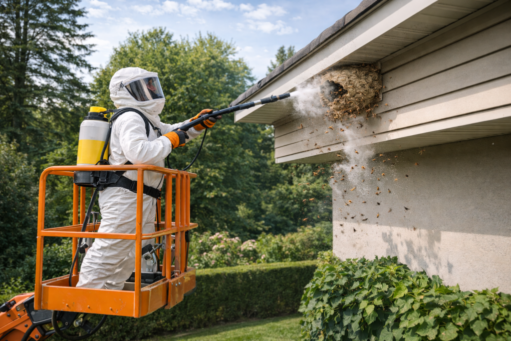 technicien dans nacelle élévatrice intervient en hauteur sur nid de frelon asiatique sous toiture maison