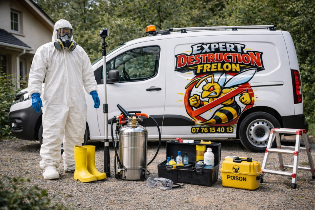 destruction nid de technicien devant véhicule intervention matériel exterminateur frelon asiatique exterminateur nuisibles
