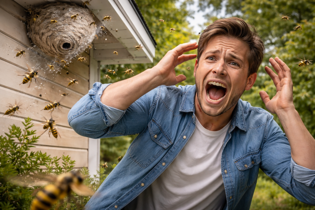 homme effrayé nid de guêpes sous toiture maison guêpes attaque